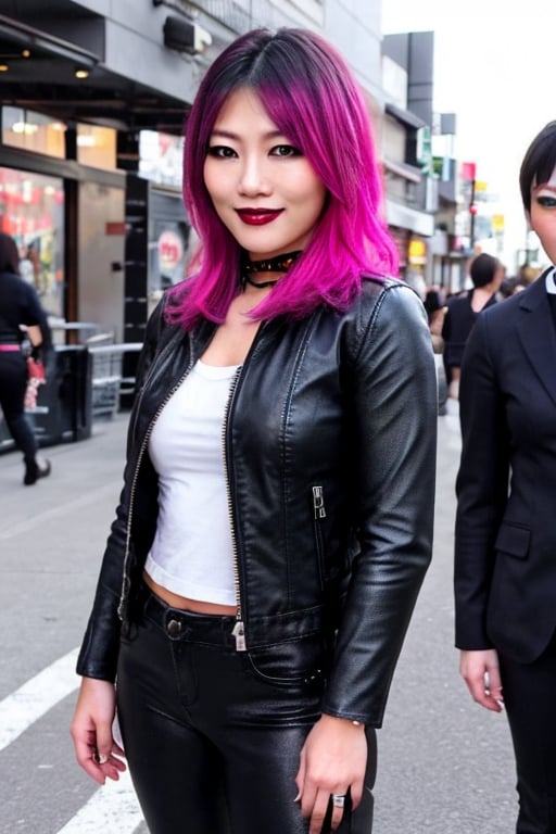 Japanese rebel criminal girl, 42 years old, smile, dark lips, rebel look, punk girl hairstyle, she is staring at the street with her friends, cropped leather jacket, tight leather pants, punk girl makeup, full body shot, slim girl, sexy body