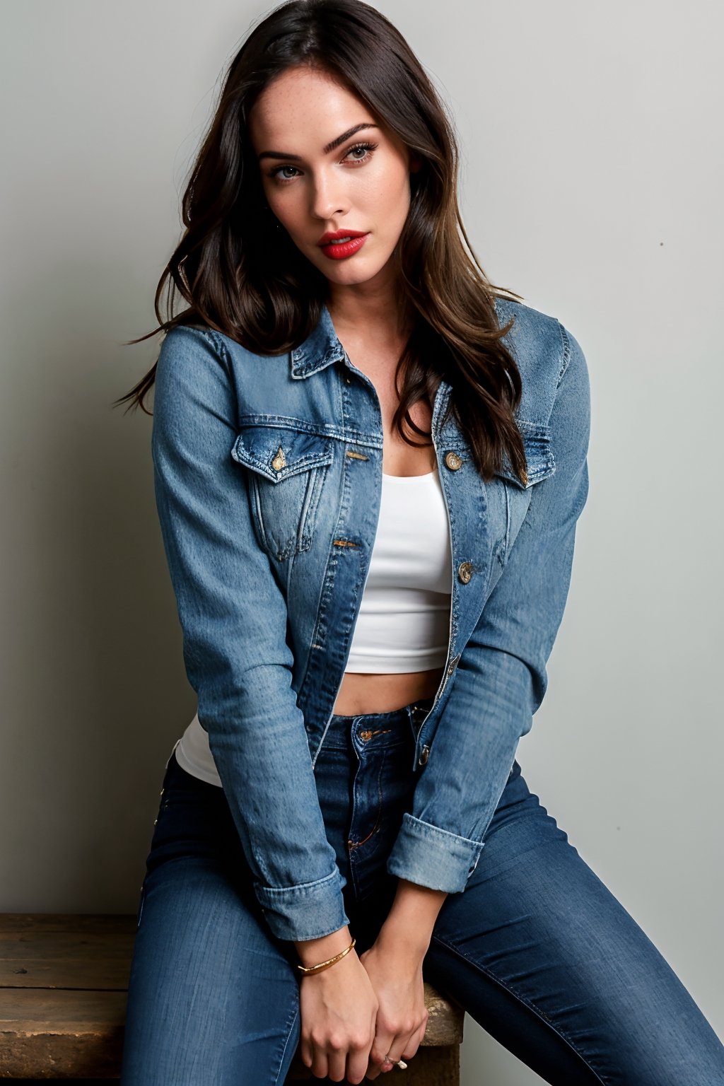 beautiful face, hot red lips, hot make-up, wearing cropped denim jacket and tight levis jeans in light blue color,blackbootsnjeans,Sexy Pose,Megan fox 