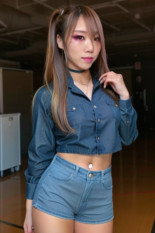 High school japanese girl, denim hot pants, cute style, kairi sane face, kairi sane hairstyle, kairi sane makeup, japanese high school uniform