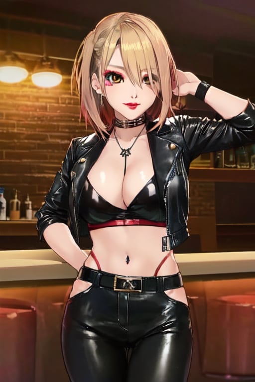 Japanese female night girl, she is a bad girl, hot makeup, red lips, teacher fashion style, leather pants, biker leather female jacket, blonde haircolor, kairi sane face, kairi sane hairstyle, she is posing sexy and sugestive in a bar,kairisane