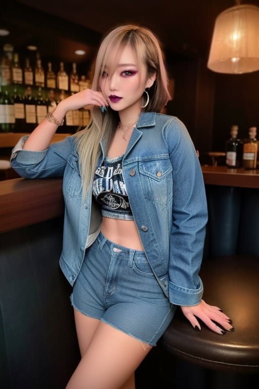 supermodel asian girl, 29 years old, beautiful detailed eyes, make-up, dark lips, posing sexy, full body shot in a bar drinking a whisky, kairi sane hairstyle blonde hair, loose 80s levis jeans type, jack daniels t-shirt resemble, fitted levi's denim jacket type in very strong acid wash blue color, large hoop earrings