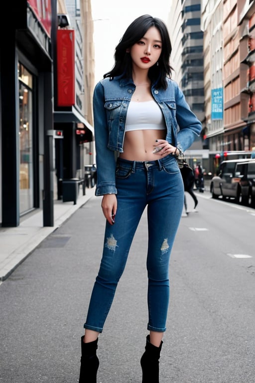 Bad and rebel girl having a good time in a photoshoot model for levi's, slim body, she is wearing a rebel and bad girl outfit with tight jeans and a cropped denim jacket to her waist, high heel boots