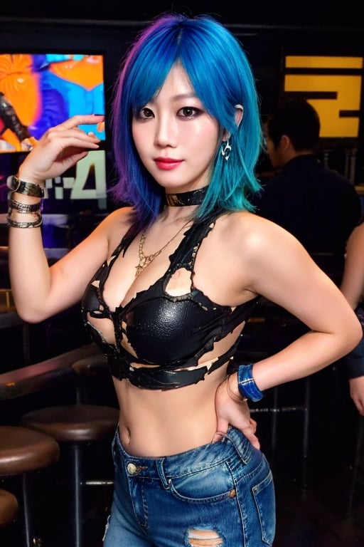 Japanese punk fashion influencer in her 30s dancing in a strip club, she is wearing cool punk clothes, torn jeans, leather bracelerts, waist chain, punk fashion, raw style, punk like make up, large hoop earrings, short hair, Asuka hairstyle, blue pink hair, Sony A7III, aspect ratio 1:2, hyperreal, photorealistic quality, dramatic backlighting, soft shadows, depth of field, ultra clear, UHD drawing