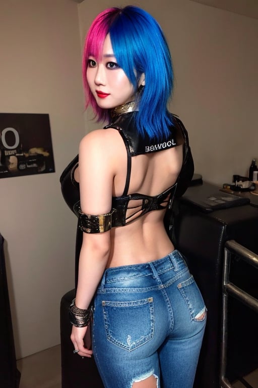 Japanese punk fashion influencer in her 30s dancing provocatively in a strip club, she is wearing cool punk clothes, torn jeans, leather bracelerts, waist chain, punk fashion, raw style, punk like make up, large hoop earrings, short hair, Asuka hairstyle, blue pink hair, Sony A7III, aspect ratio 1:2, hyperreal, photorealistic quality, dramatic backlighting, soft shadows, depth of field, ultra clear, UHD drawing