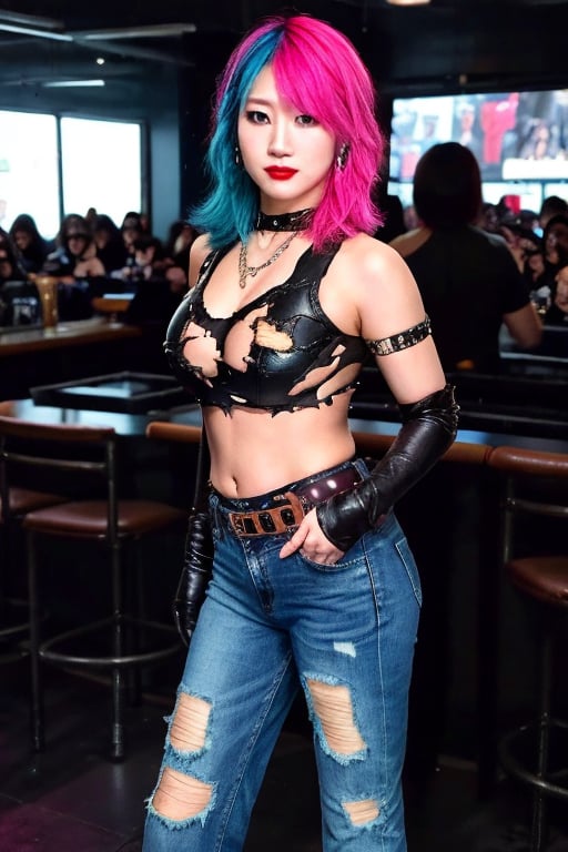 Japanese punk fashion influencer in her 30s dancing provocatively in a strip club, she is wearing cool punk clothes, torn jeans, leather bracelerts, punk leather gloves, waist chain, punk fashion, raw style, punk like make up, large hoop earrings, short hair, Asuka hairstyle, blue pink hair, Sony A7III, aspect ratio 1:2, hyperreal, photorealistic quality, dramatic backlighting, soft shadows, depth of field, ultra clear, UHD drawing