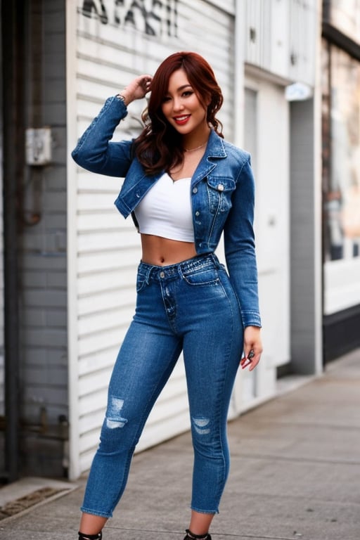 Bad and rebel girl having a good time in a photoshoot model for levi's, slim body, she is wearing a rebel and bad girl outfit with tight jeans and a cropped denim jacket to her waist,kairisane