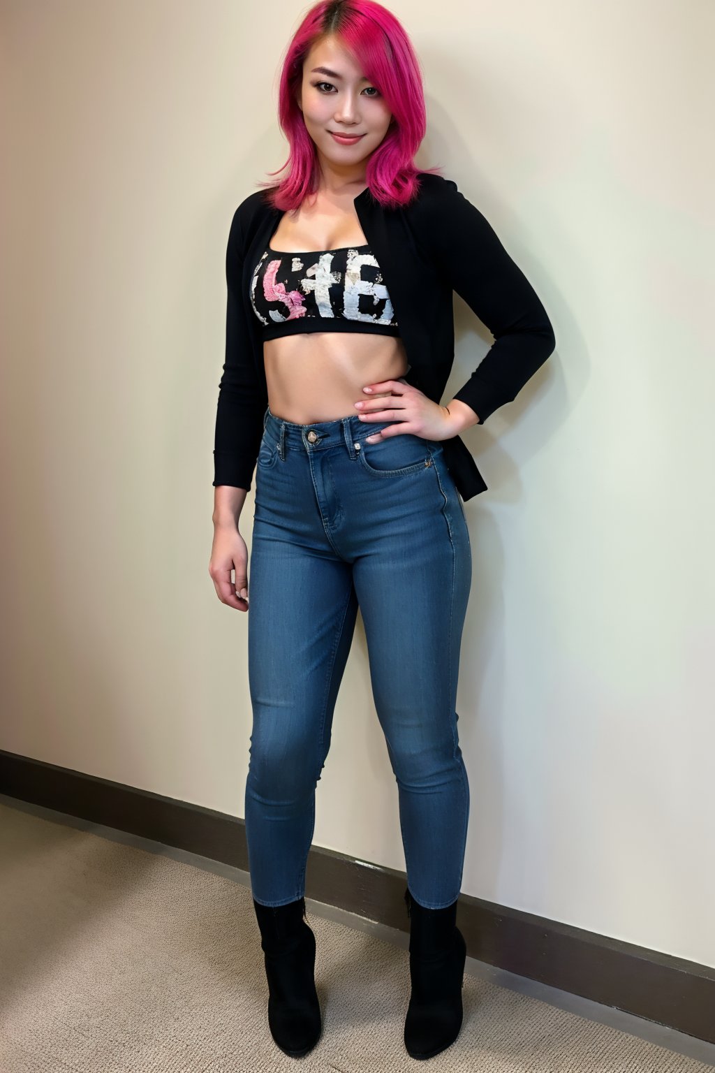 hot japanese girl, 19 years old, tight jeans, cropped denim jacket, asuka make-up, asyuka face, asuka hairstyle, pink blue hair color, smiling, posing sexy and smoking a cigarette, realistic, full body shot,blackbootsnjeans,hot girl