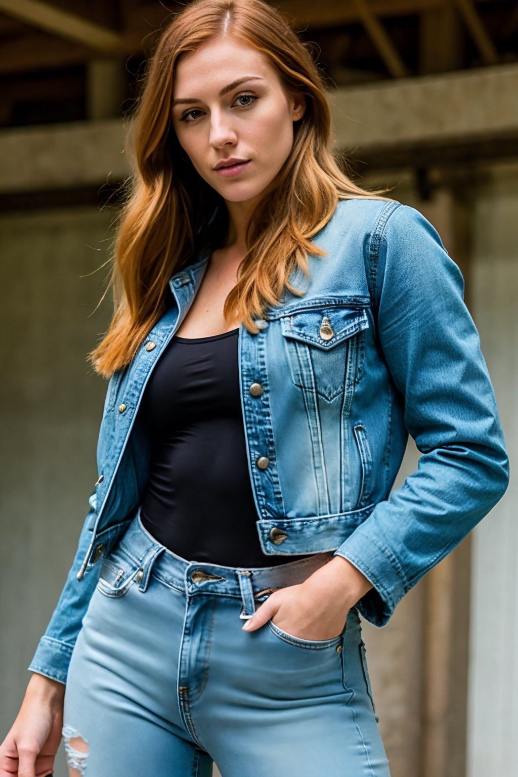 beautiful detailed eyes, tight jeans, tight cropped denim jacket, becky lynch make-up, posing very sexy and flirting during a model photoshoot, realistic, beckylynch