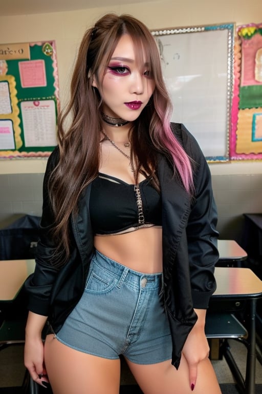 High school japanese teacher woman, beautiful detailed eyes, sexy supermodel detailed makeup, dark lips, black eyeshadows, flirty look, formal attire, denim jacket, full body shot, she is posing and flirting in her classroom