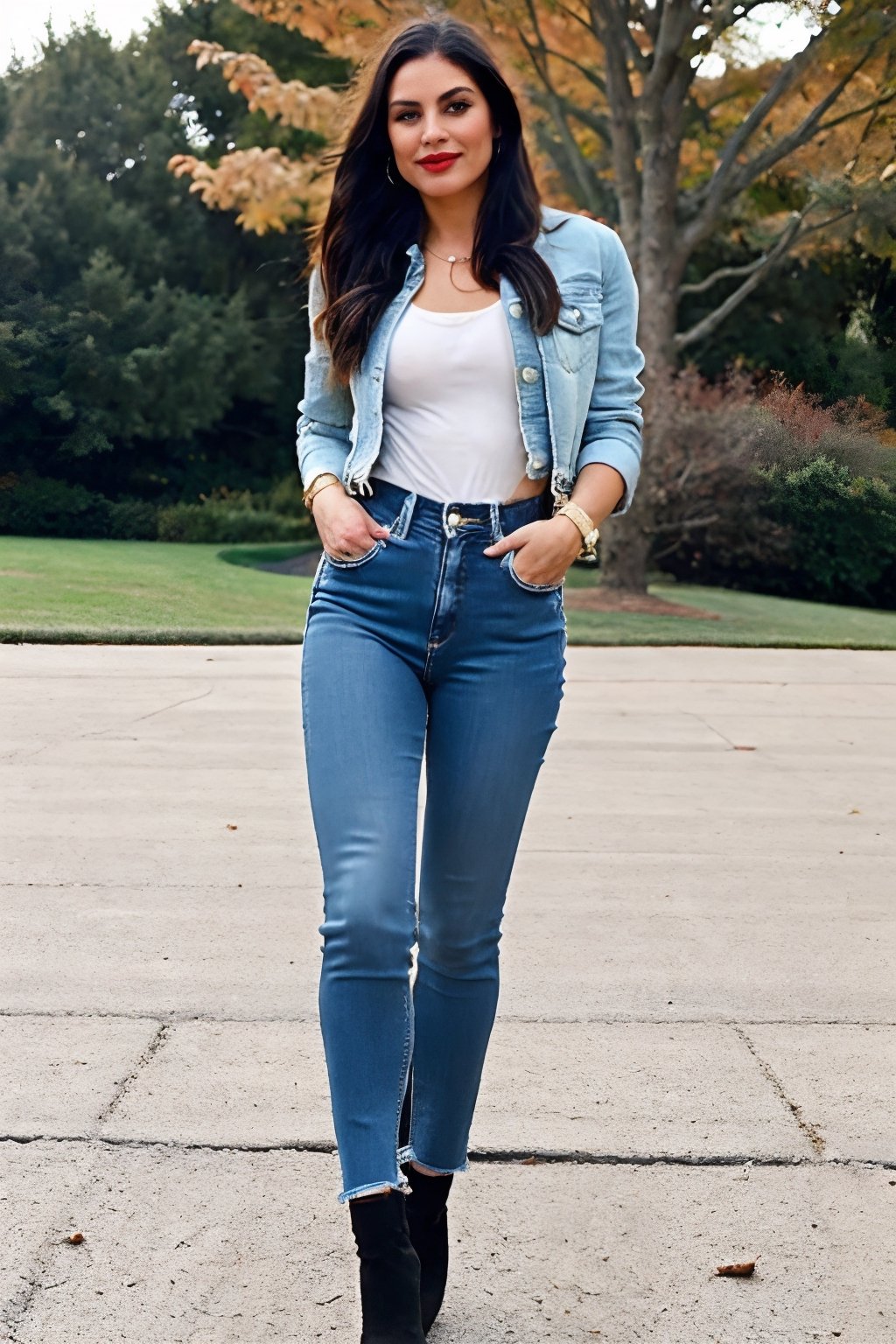beautiful face, hot red lips, wearing cropped denim jacket and tight levis jeans in light blue color,blackbootsnjeans,Sexy Pose