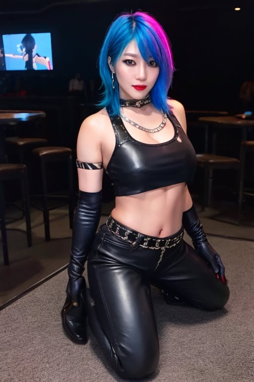 Japanese punk fashion influencer in her 40s posing provocatively in a crop top shirt and tigh leather pants full body in a strip club, she is wearing sexy punk clothes, leather bracelerts, punk girl gloves, waist chain, punk fashion, raw style, punk like make up, large hoop earrings, short hair, Asuka hairstyle, blue pink hair, Sony A7III, aspect ratio 1:2, hyperreal, photorealistic quality, dramatic backlighting, soft shadows, depth of field, ultra clear, UHD drawing