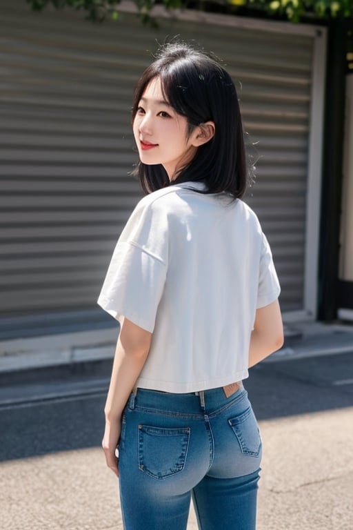 Japanese fashion influencer in her 20s standing candidly, natural pose, white t-shirt, fitted jeans, cropped denim jacket, captured from the back, raw style, Sony A7III, aspect ratio 1:2, hyperreal, photorealistic quality, dramatic backlighting, soft shadows, depth of field, ultra clear, UHD drawing