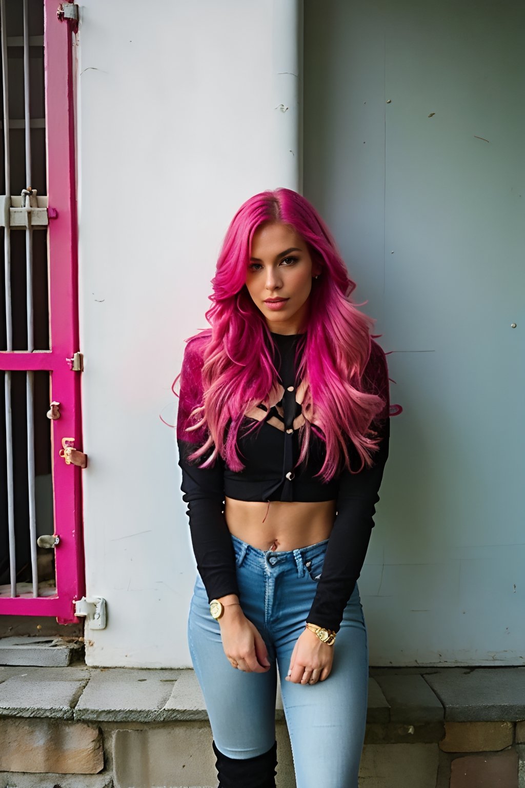 pink hair, long hair with ponytail and fringe, beautiful face, onlyfans model, hot pink lips, pink eyeshadow, wearing cropped denim jacket and tight levis jeans in light blue color,blackbootsnjeans