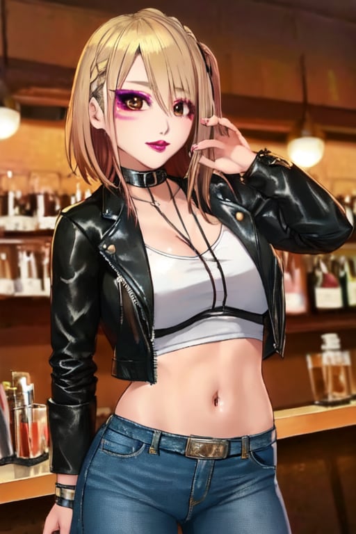 Japanese female night girl, she is a bad girl, hot makeup, red lips, teacher fashion style, hot jeans, biker leather female jacket, blonde haircolor, kairi sane face, kairi sane hairstyle, she is posing sexy and sugestive in a bar,kairisane