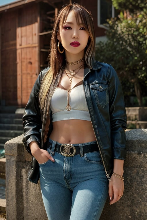 Japanese levi's girl 36 years old standing candidly, flirty pose, she is wearing levi's clothes, jewel bracelerts, waist chain, fashion outfit, levi's denim jacket ex-boyfriend type, raw style, punk like make up, large hoop earrings, long hair, kairi sane hairstyle, blonde hair, Sony A7III, aspect ratio 1:2, hyperreal, photorealistic quality, dramatic backlighting, soft shadows, depth of field, ultra clear, UHD drawing