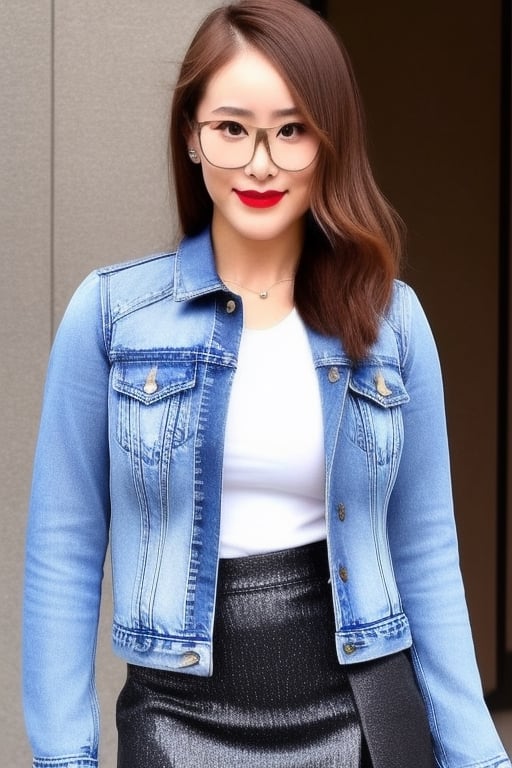 High school teacher japanese girl, sexy denim jacket, long formal black skirt, formal makeup, formal attire, red lips, cute style, she is wearing glasses, kairi sane haircolor, kairi sane face, formal hairstyle,kairisane