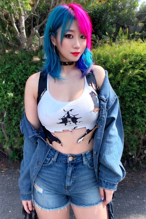 Japanese punk fashion influencer in her 30s standing candidly, defiant pose, she is wearing cool punk clothes, torn jeans, raw style, punk like make up, large hoop earrings, short hair, Asuka hairstyle, blue pink hair, Sony A7III, aspect ratio 1:2, hyperreal, photorealistic quality, dramatic backlighting, soft shadows, depth of field, ultra clear, UHD drawing