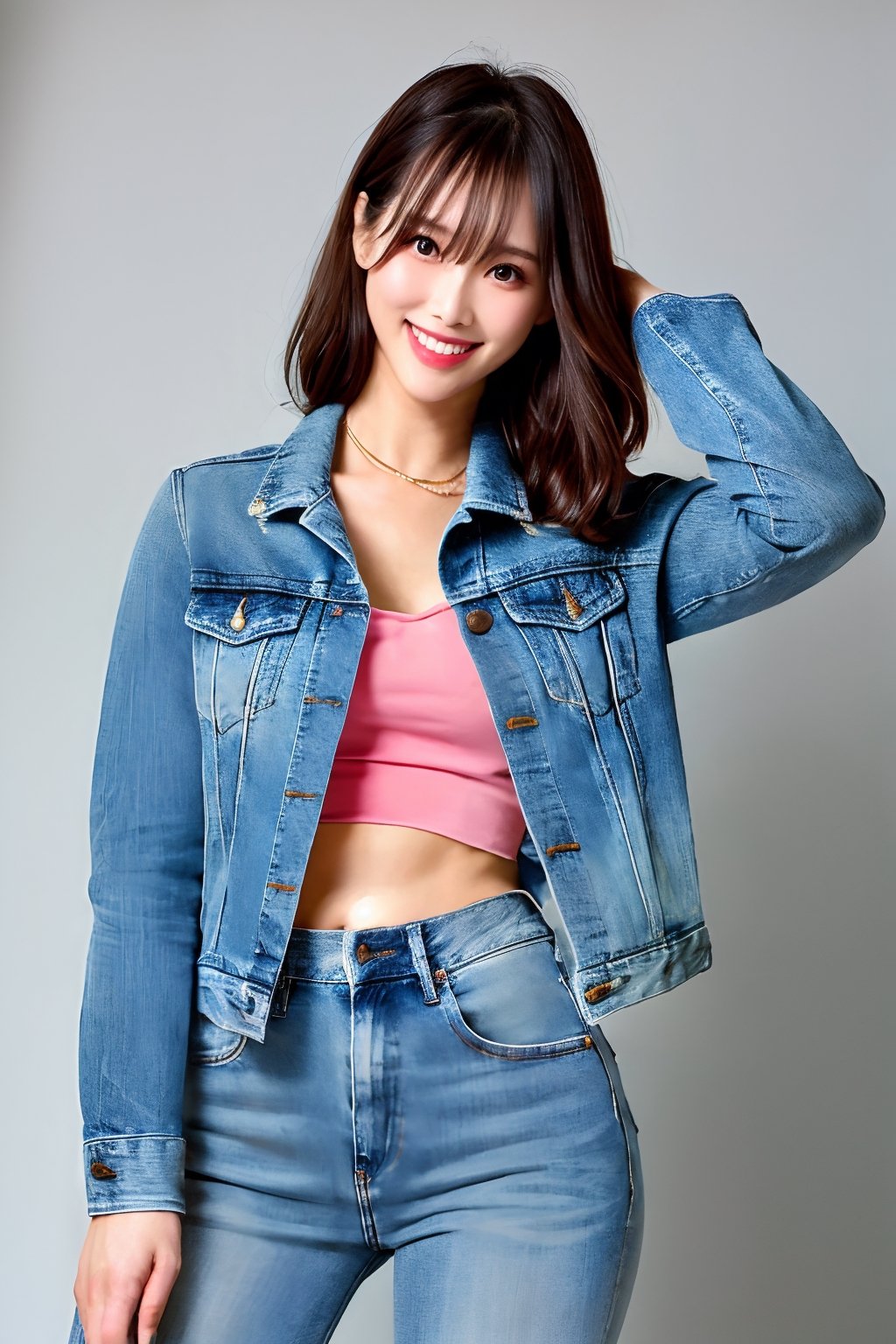 sexy smile, wearing tight levis jeans and levis women denim jacket in light blue color