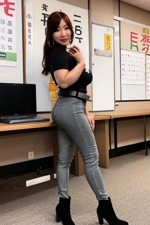 Kairi Sane is a japanese teacher teaching her class at a university, she is wearing a formal attire, skinny_jeans, small heel boots, black lips, fashion belt, hoop earrings,kairisane