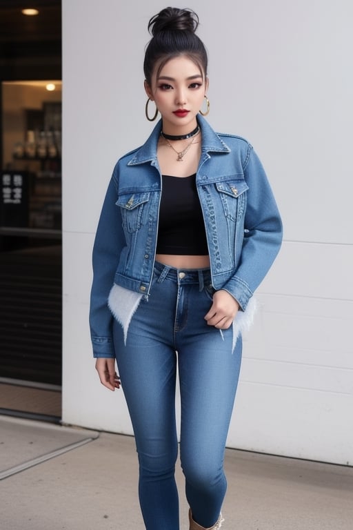 Japanese onlyfans model woman, 18 years old, dark lips, onlyfans model teen girl hairstyle, typical fashion model woman outfit, hoop earrings, tight denim jacket, punk girl makeup, full body shot, slim girl, sexy body, long nails,sexy jeans,Sexy Pose,blackbootsnjeans,1 girl 