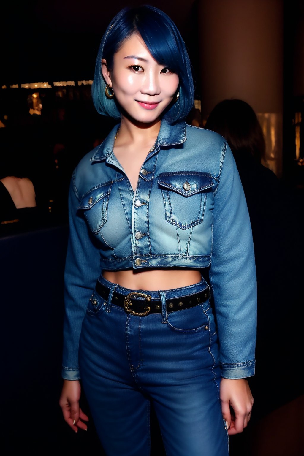 Japanese woman wearing cropped light blue denim jacket and tight light blue jeans, 19 years old, punk belt, fashion girl make-up, big hoop earrings, flirty lips, smile, she is dating with you in a night club, short hair