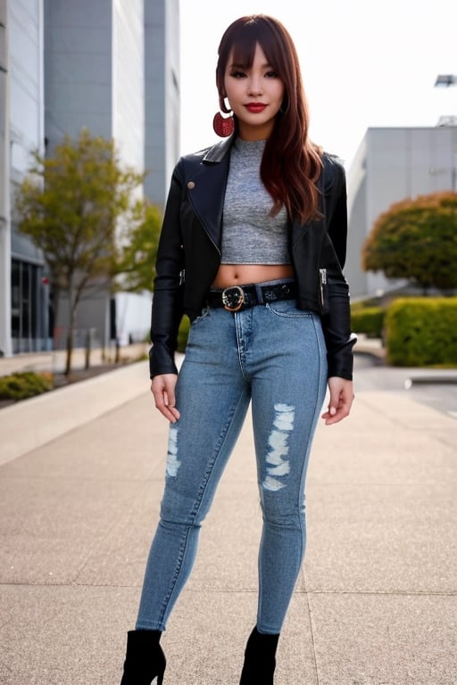 Kairi Sane is a japanese college student, she is wearing a rebel attire, skinny_jeans, denim_jacket, small heel boots, black lips, fashion belt, hoop earrings,kairisane