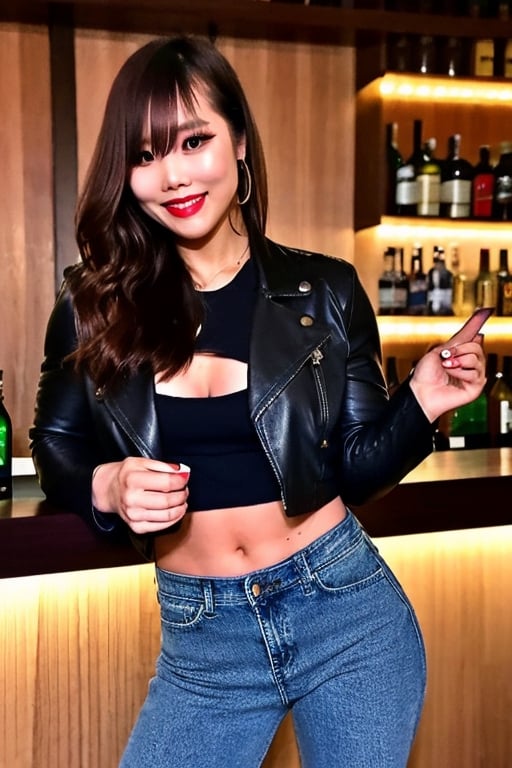 sexy asian girl, beautiful detailed eyes, tight jeans, tight cropped small denim jacket, sexy girl make-up, dark lips, kairi sane is having a good time in a bar, realistic, punk girl hair color,kairisane