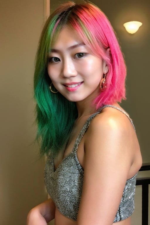 a beautiful flirty Japanese fashion teen girl, 19 years old, asuka face, asuka hairstyle, green and pink hair color, fashion teen girl outfit, hot lips, big hoop earrings, hot smile, she is smoking cigarettes, full body