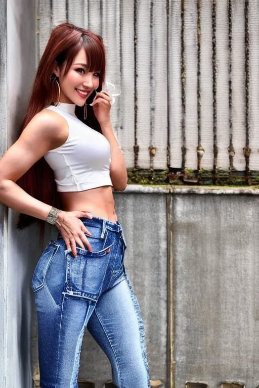 Kairi Sane is a supermodel girl, chain smoker girl flirting with long hair, smiling flirty, hoop earrings, slim body, she is wearing tight levi's jeans, she is smoking a cigarette,kairisane