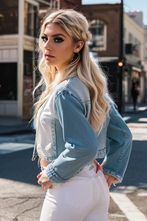 American fashion influencer resembling Alexa Bliss in her 20s standing candidly, natural pose, white t-shirt, 80s jeans style, 80s acid wash light blue denim jacket, captured from the back raw style, fashion lips, blonde hair, 80s haristyle, black eyeshadows, large hoop earrings, Sony A7III, aspect ratio 1:2, hyperreal, photorealistic quality, dramatic backlighting, soft shadows, depth of field, ultra clear, UHD drawing