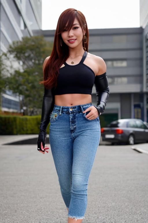 Kairi Sane, hot denim pants, cropped denim jacket into her waist