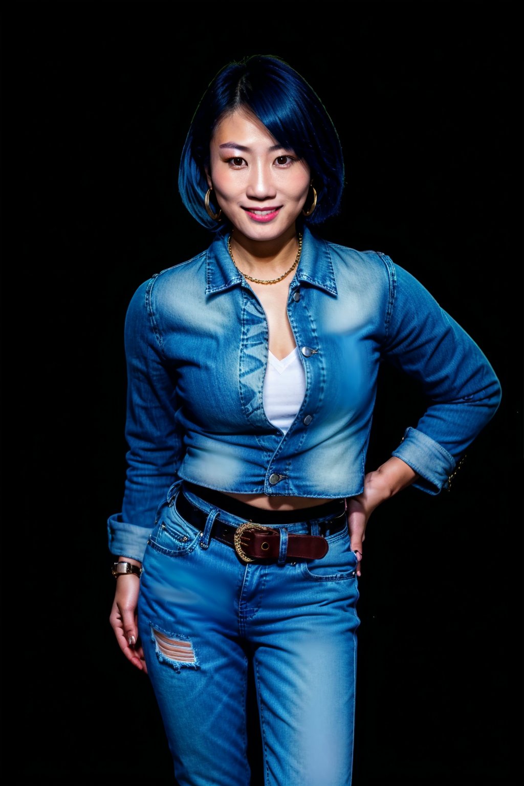 Japanese woman wearing cropped light blue denim jacket and tight light blue jeans, 19 years old, punk belt, fashion girl make-up, big hoop earrings, flirty lips, smile, she is dating with you in a night club, short hair