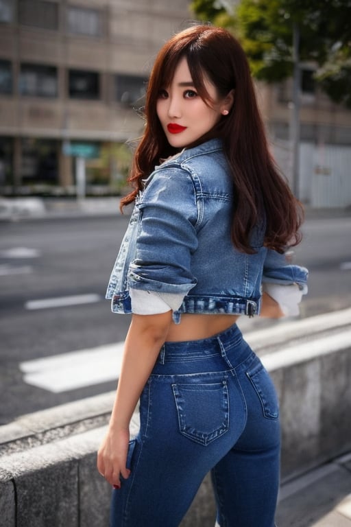 Japanese fashion influencer in her 20s standing candidly, natural pose, white t-shirt, fitted jeans, cropped fitted denim jacket, captured from the back, raw style, red lips, long hair. black eyeshadows, Sony A7III, aspect ratio 1:2, hyperreal, photorealistic quality, dramatic backlighting, soft shadows, depth of field, ultra clear, UHD drawing