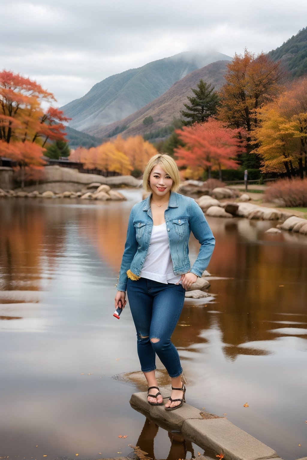 hot japanese girl, tight jeans, cropped denim jacket, asuka make-up, asuka face, asuka hairstyle, blonde hair color, short hair, smiling, posing sexy and smoking a cigarette, realistic, full body shot,blackbootsnjeans,hot girl