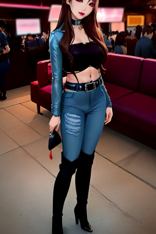 Japanese woman wearing cropped light blue denim jacket and tight light blue jeans, fashion belt, shiny brown long hair with fringe, fashion girl make-up, flirty lips, she is dating with you in a night club, full body shot, high heel boots, 36 years old