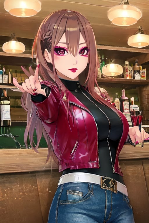 Japanese female night girl, she is a bad girl, hot makeup, red lips, teacher fashion style, hot jeans, biker leather female jacket, kairi sane face, kairi sane hairstyle, she is posing sexy and sugestive in a bar,kairisane