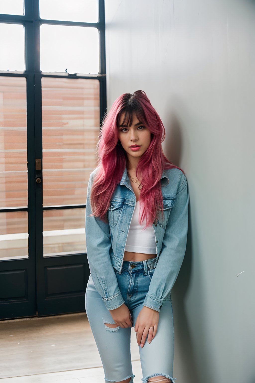 long hair with ponytail and fringe, beautiful face, onlyfans model, hot pink lips, pink eyeshadow, wearing cropped denim jacket and tight levis jeans in light blue color,blackbootsnjeans, white girl