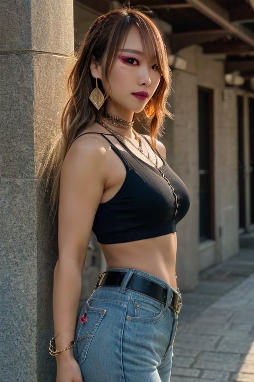 Japanese levi's girl 36 years old standing candidly, flirty pose, she is wearing levi's clothes, jewel bracelerts, waist chain, fashion outfit, raw style, punk like make up, large hoop earrings, long hair, kairi sane hairstyle, blonde hair, Sony A7III, aspect ratio 1:2, hyperreal, photorealistic quality, dramatic backlighting, soft shadows, depth of field, ultra clear, UHD drawing