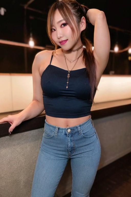 Japanese hot girl 36 years old standing candidly in a night club during a romantic date, flirty pose because she's in love with you, japanese slender body girl, hot latina baddie girl outfit, tight jeans acid wash blue color 80s style, jewel bracelerts, raw style, fashion make up, very sexy crop top, large latina hoop earrings, kairi sane ponytail hairstyle, blonde hair, hot smile, Sony A7III, aspect ratio 1:2, hyperreal, photorealistic quality, dramatic backlighting, soft shadows, depth of field, ultra clear, UHD drawing