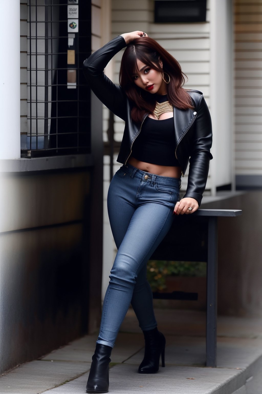 21 years old, beautiful detailed eyes, sexy supermodel detailed makeup, dark lips, kairi sane hairstyle, black eyeshadows, flirty look, tight jeans, denim jacket, Cardi B