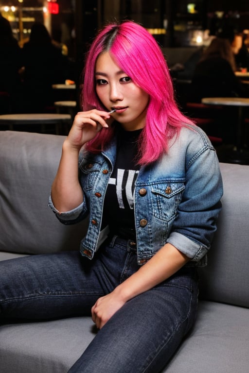 Punk japanese woman with charming eyes, long hair, pink green hair color, punk girl hairstyle, donning a denim jacket, pants, lounging on a sofa smoking a cigarette, nestled in a night club, pervasive grey hues, gentle light kissing glass surfaces, behind, a sketched portrait of a young woman also smoking cigarettes, airbrush technique, high resolution, ultra realistic, soft lighting, HD.