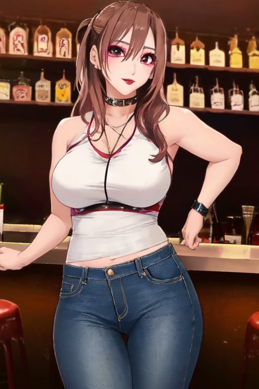 Japanese female night girl, she is a bad girl, hot makeup, red lips, teacher fashion style, hot jeans, kairi sane face, kairi sane hairstyle, she is posing sexy and sugestive in a bar,kairisane