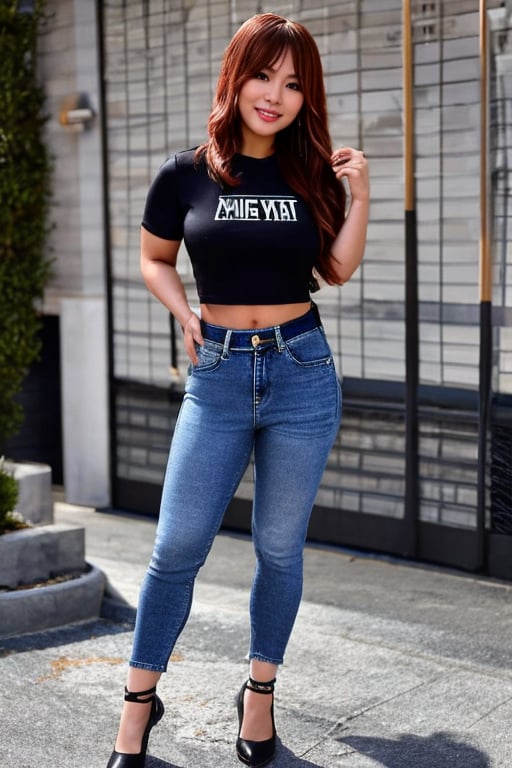 Kairi Sane, she is wearing jeans and a cropped denim jacket into her waist, sexy t-shirt