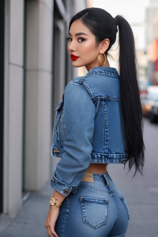 Filipina fashion influencer in her 20s standing candidly, natural pose, tight jeans, cropped fitted denim jacket, captured from the back, raw style, red lips, long hair ponytail, black eyeshadows, large hoop earrings, Sony A7III, aspect ratio 1:2, hyperreal, photorealistic quality, dramatic backlighting, soft shadows, depth of field, ultra clear, UHD drawing