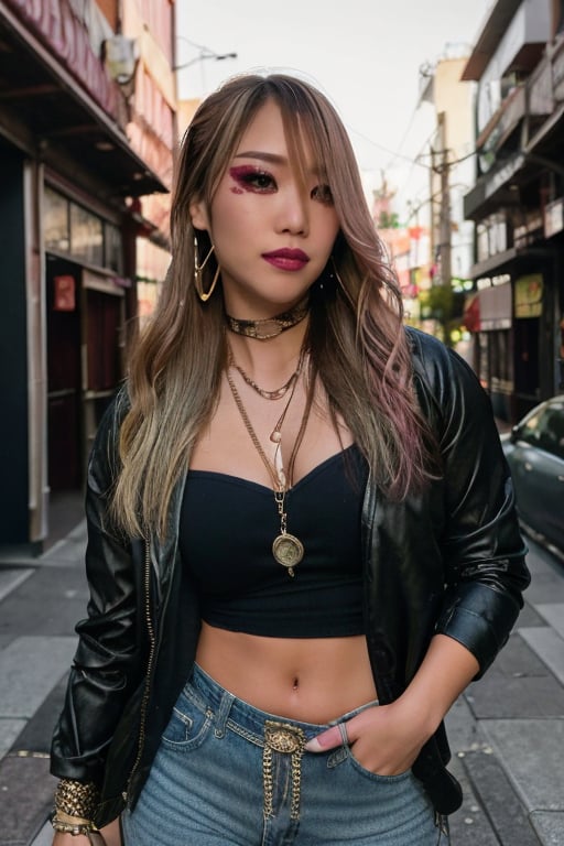 Japanese levi's girl 36 years old standing candidly, flirty pose, she is wearing levi's clothes, levi's ex-boyfriend jacket, hot latina t-shirt type, hot latina girl outfit, jewel bracelerts, waist chain, fashion outfit, raw style, punk like make up, large hoop earrings, long hair, kairi sane hairstyle, blonde hair, Sony A7III, aspect ratio 1:2, hyperreal, photorealistic quality, dramatic backlighting, soft shadows, depth of field, ultra clear, UHD drawing