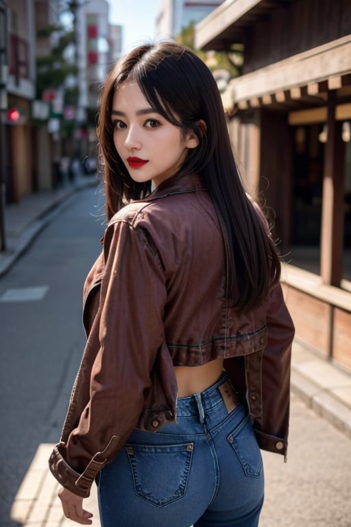 Japanese fashion influencer in her 20s standing candidly, natural pose, fitted jeans, cropped fitted denim jacket, captured from the back, raw style, red lips, long hair. black eyeshadows, Sony A7III, aspect ratio 1:2, hyperreal, photorealistic quality, dramatic backlighting, soft shadows, depth of field, ultra clear, UHD drawing