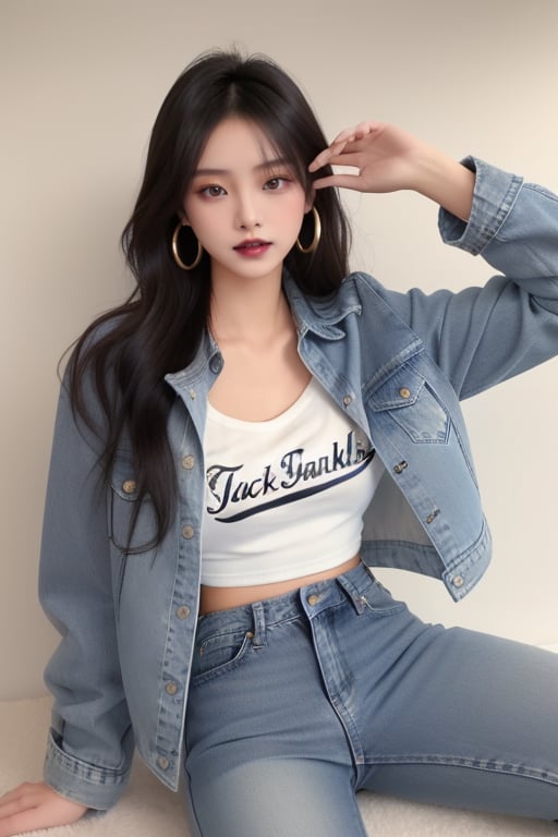 supermodel asian girl, 17 years old, beautiful detailed eyes, t, make-up, dark lips, posing sexy, 80s hairstyle, loose 80s levis jeans type, jack daniels t-shirt resemble, 80s levi's denim jacket type in very strong acid wash blue color, large hoop earrings