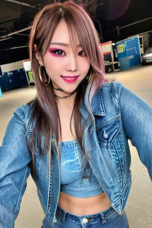 A hot baddie japanese girl is having a date and is flirting with you, beautiful detailed eyes, flirty beutiful perfect smile, hot jeans in acid wash light blue color, cropped denim jacket acid wash, hoop earrings, kairi sane face, baddie make-up,kairisane, full body shot