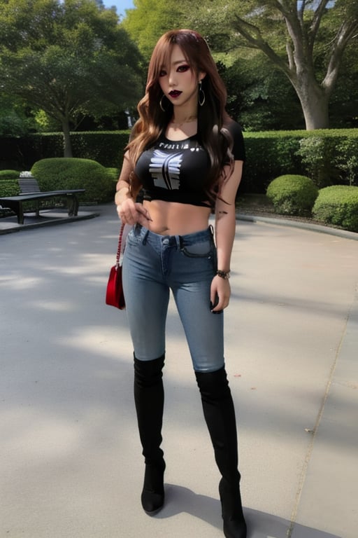 Japanese onlyfans model woman posing in a park, 36 years old, dark lips, kairi sane hairstyle, typical fashion model woman outfit, large hoop earrings, sexy t-shirt, punk girl makeup, full body shot, slim girl, sexy body, long nails,sexy jeans,Sexy Pose,blackbootsnjeans,1 girl 