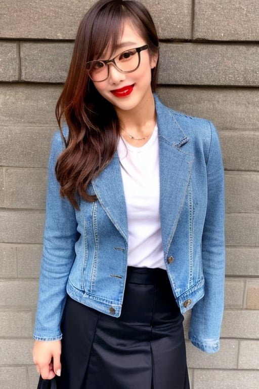 High school teacher japanese girl, sexy denim jacket, long formal black skirt, formal makeup, formal attire, red lips, cute style, she is wearing glasses, kairi sane haircolor, kairi sane face, formal hairstyle,kairisane